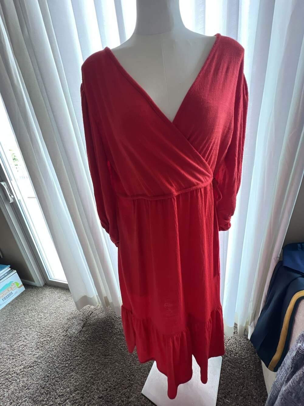 Max Studio Lava Red Long Sleeve Faux Wrap Tiered Midi Peasant Dress